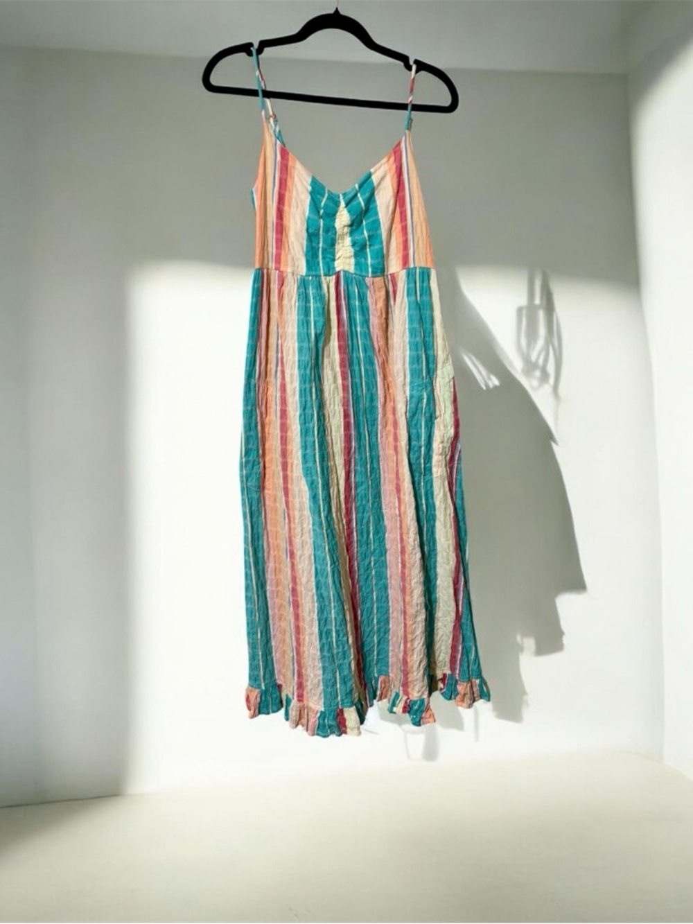 THML Striped Midi Sundress in Teal, Coral, Cream & Pink 95% Cotton